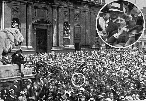 Hitler in Munich crowd cheering the announcement of war in 1914
