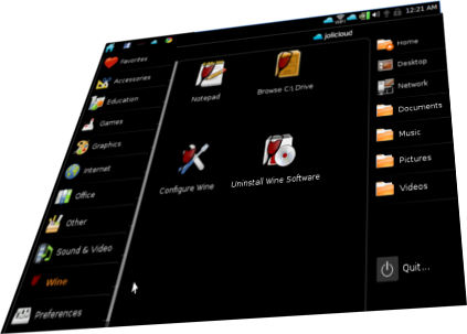 Capture d'écran de l'OS Jolicloud, icônes sur fond noir